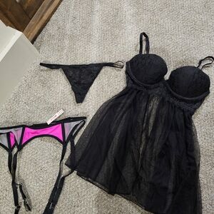 Victoria's Secret Black and Pink Lace Chemise Set